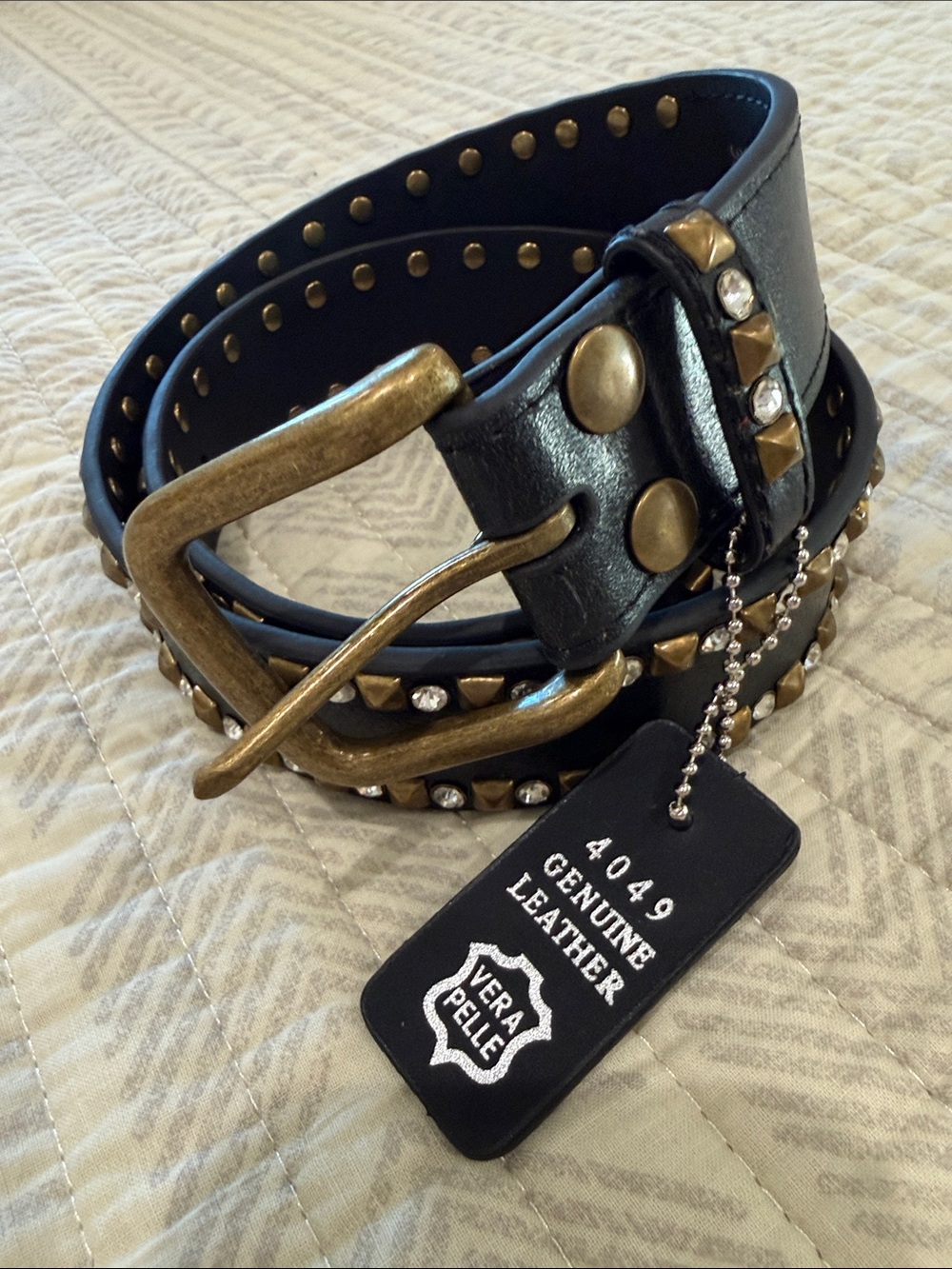 Vera Pelle Black Leather Studded Belt with Antique Brass Buckle